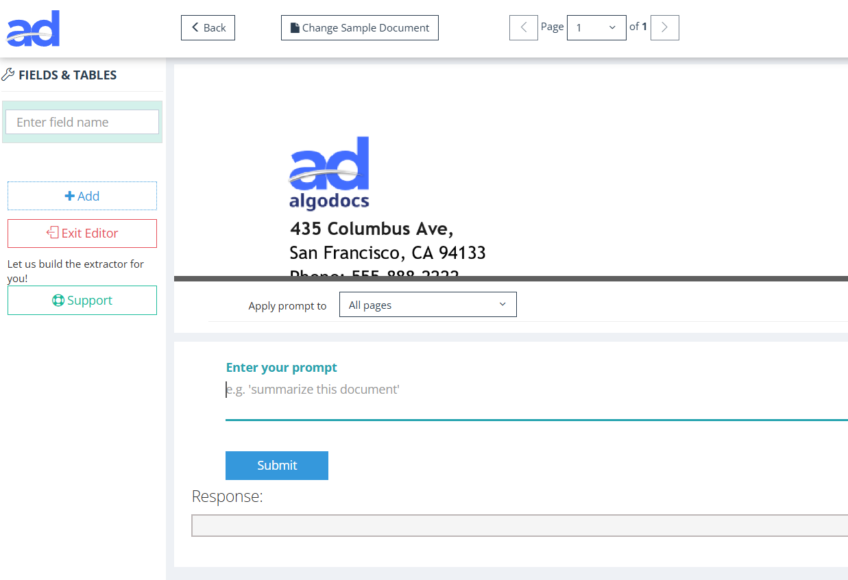 Prompt configuration with sample document preview