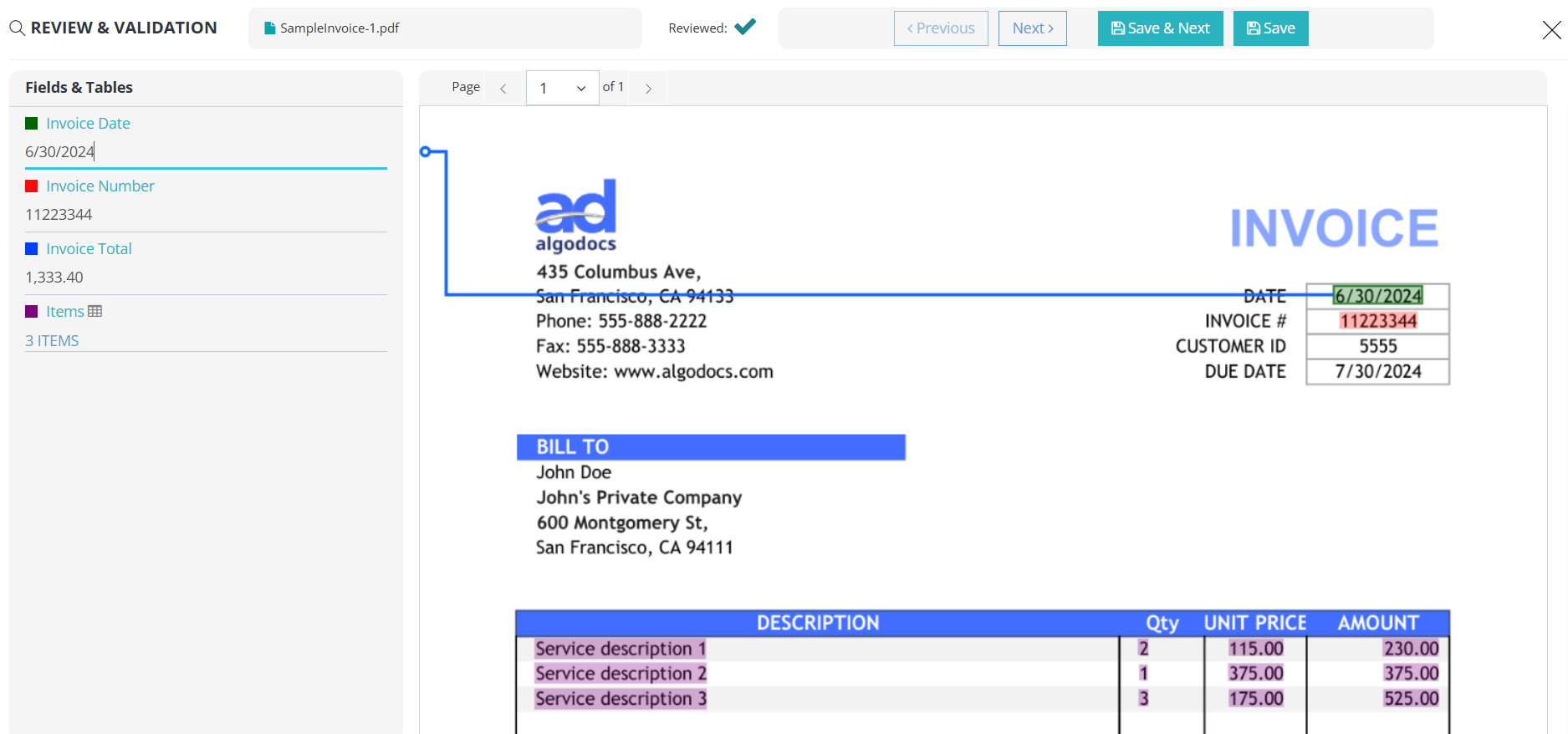 Left: fields pane. Right: document with highlighted extractions