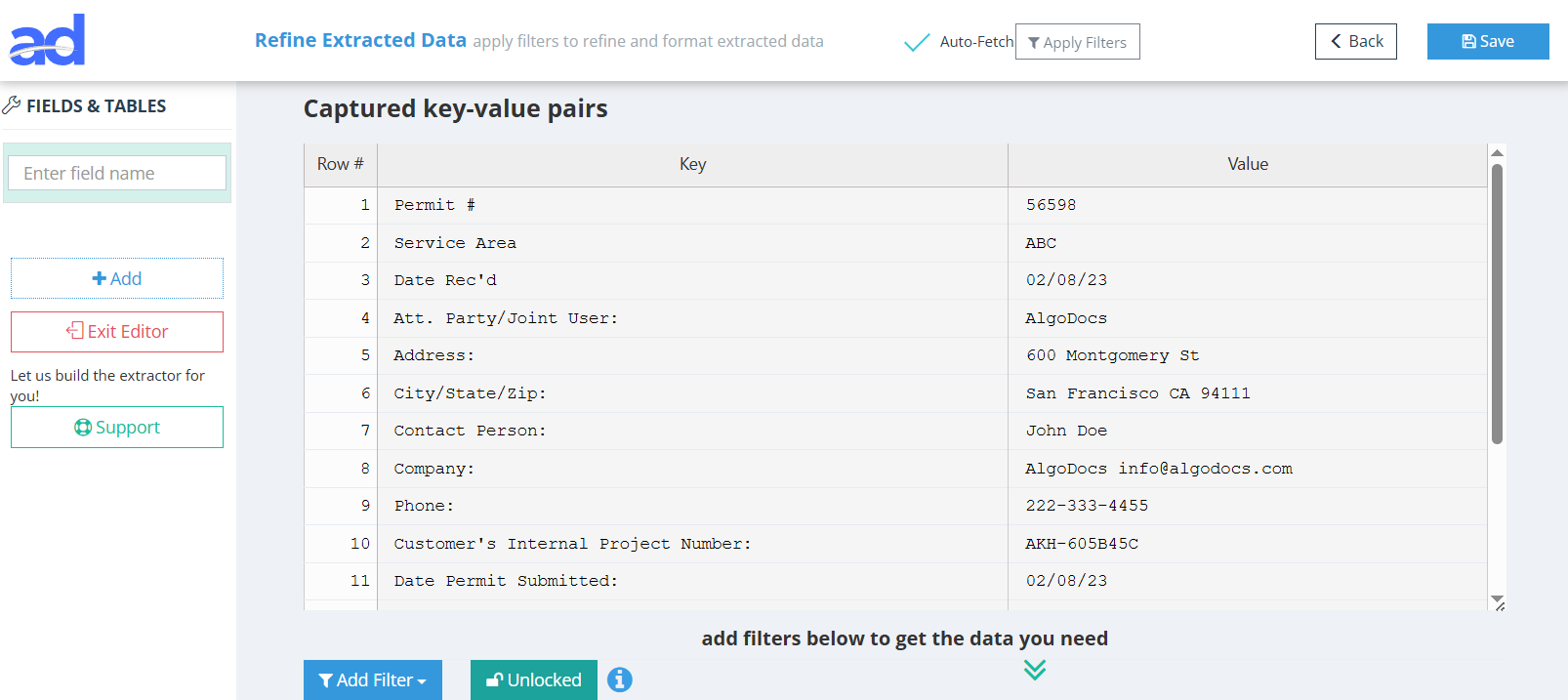 Auto-detected keys table with Key and Value columns
