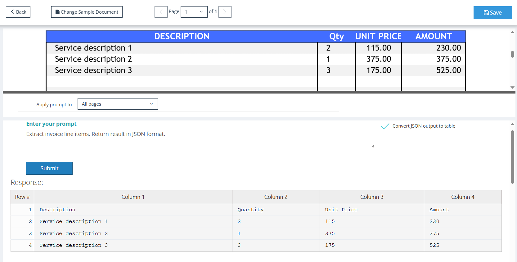 Prompt for invoice line items as table